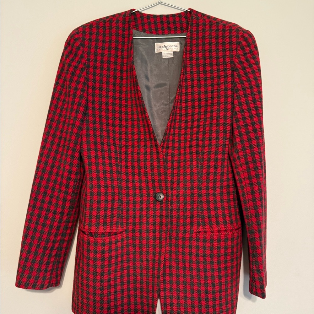 Vintage Liz Claiborne Wool Blend Red and Black Houndstooth Blazer